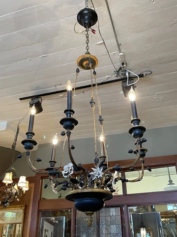 Circa 1810 French Empire Tole and Wood Six Light Chandelier Professionally Wired Cover