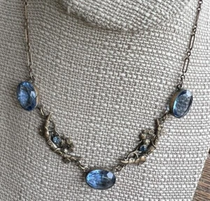 Collar Antiq Nouveau Checo Spelter Pensamiento Clip Aciano Vidrio Azul 15.5â - Imagen 1 de 11