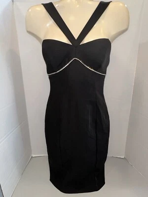 AQUA Women’s V Strap Mini Evening Dress EXCLUSIVE, Black/ Rhinestones, Size 2 - image 1 of 4