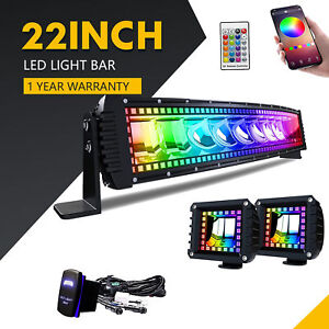 22" inch Curved RGB Halo Bluetooth LED Light Bar Combo Driving Offroad+4" Pods