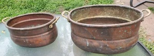 2x Set Antique Hammered Copper Pot Rolled Edge Dovetail Seam Brass Handle 9" 10" - Picture 1 of 20