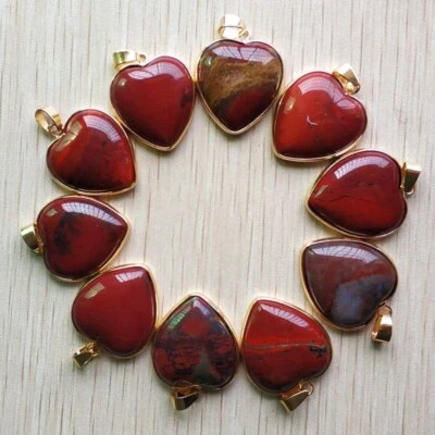 10pcs Natural Red Jasper Stone Gold Side Heart Shape Pendants DIY Jewelry 25mm - Image 1 of 3