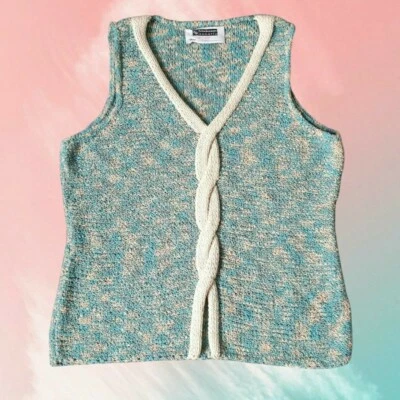 Vintage Hand Knitted Turquoise 'Schachenmayr Nomotta' Yarn Vest/ Tank Top, 8/10 - Image 1 of 4
