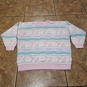 Vintage Fairy Kei Sweater Kawaii Knit Roses Striped Pink Pastel Sparkle Size 11 - Picture 1 of 11