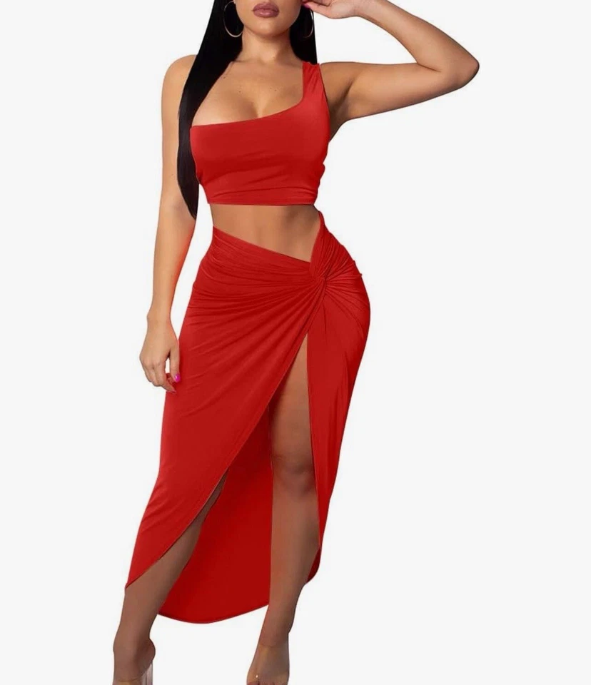 BEAGIMEG Women's Sexy One Shoulder Long Bodycon Slit Skirt 2 Pieces Dress Sz M - Изображение 1 из 1