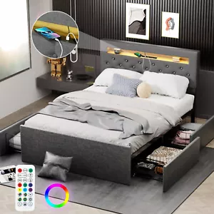 Polsterbett Doppelbett 140x200cm Lattenrost Bettgestell LED Stauraum-Kopfteil Gq - Bild 1 von 20