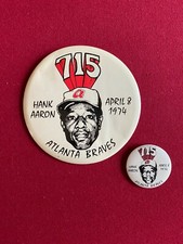 1974, Hank Aaron, "715", (2) Collectors Buttons (Scarce / Vintage) Braves