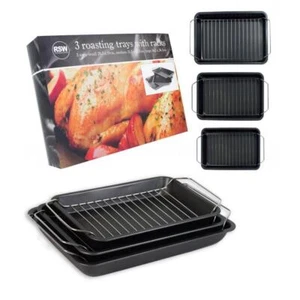Set of 3 Roasting Trays With Removable Rack NonStick Cooking Oven Roast Chicken - Picture 1 of 8