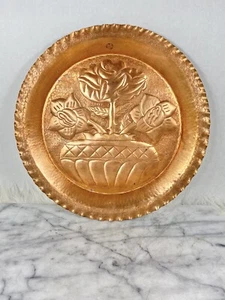 Vintage COPPER PLATE Carved Embossed Engraved Wall Hanging Floral Round Folk - Picture 1 of 7
