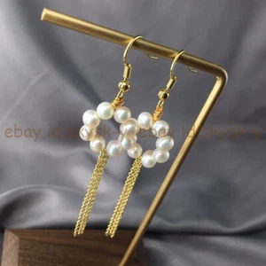 6-7mm Real White Freshwater Pearl Flower Tassel Drop Dabgle Hook Earrings - Picture 1 of 5