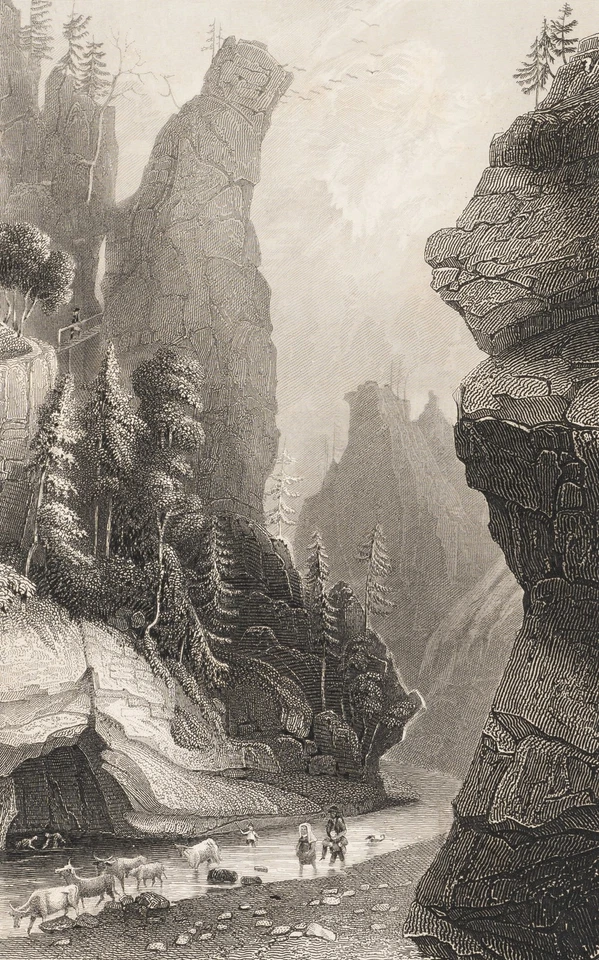 PAYNE (*1812) nach MAYER (*1791), Felsenschlucht mit Wanderern, Sst. Romantik - Bild 1 von 4