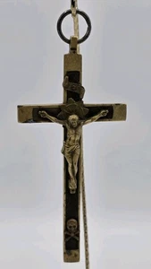 Antique Golgatha Crucifix Cross Brass & Ebony Wood Inlay German Skull & Bones 5" - Picture 1 of 7