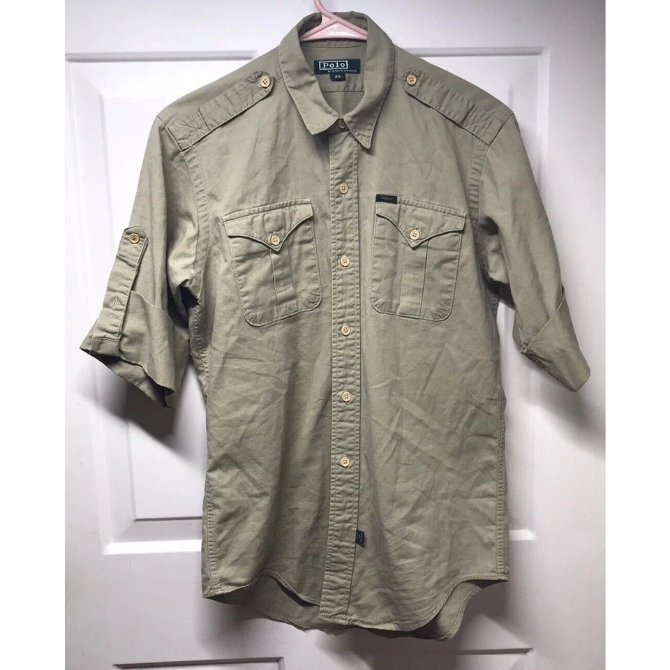 复古 Polo Ralph Lauren 绿色标签 20 码青少年卡其色实用军用衬衫 — 第 1/4 张图片