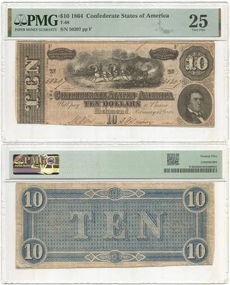 Billete de 10,00 USD de los Estados Confederados de América de 1864 tipo 68 PMG VF25 edición de la Guerra Civil Foto 1 de 4