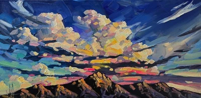 Pintura panorámica del desierto de Arizona impresionista coloridas nubes Hawkins arte de pared Foto 1 de 4