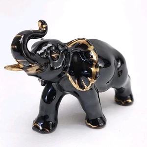 Ceramic Elephant WALES Japan Black African Porcelain Gold Pachyderm MCM Office - Picture 1 of 8