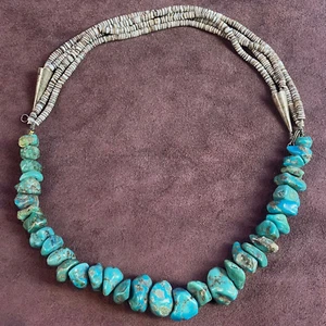 Vintage Handmade Sterling Silver Turquoise Nugget Heishi 32" Necklace Old Pawn - Picture 1 of 4