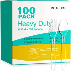 100 Count Plastic Silverware, Heavy Weight Plastic Forks Spoons Disposable Utens - Picture 1 of 12
