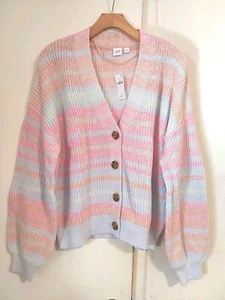 GAP Size XL Wide Striped Button Up V-Neck Cardigan Sweater in Pastel Pink Multi - Picture 1 of 8