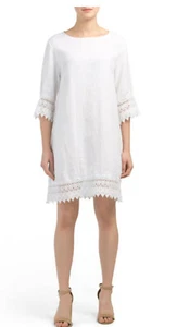Lg ITALIAN LINEN Dress Cover Up WHITE Crochet Trim 3/4 Sleeve Beach Lounge NWT - Picture 1 of 7
