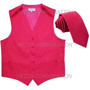 New Men's Vesuvio Napoli Tuxedo Vest 2.5" Skinny Necktie prom party Hot Pink - Picture 1 of 4