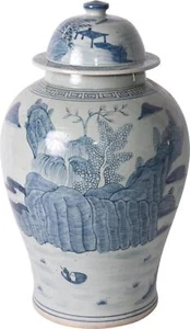 Temple Jar Vase Landscape Greek Key Trim Colors May Vary Blue White Variable - Picture 1 of 3