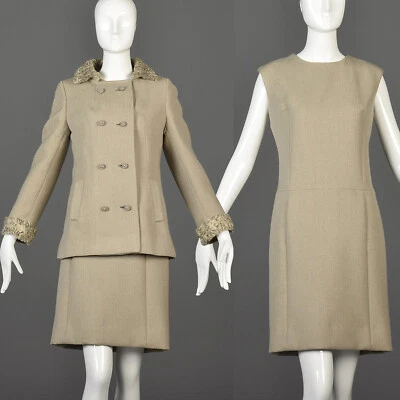 S Conjunto Abrigo Chaqueta Vestido Lana Invierno Años 60 Años 60 Vintage Conjunto Cordero Persa Gris Foto 1 de 4