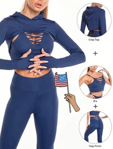 3pcs Fit Gym Sportswear Set Bra Yoga Pants Runs Smaller Crop Hoodie Runs Small - Picture 1 of 11