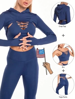 3pcs Fit Gym Sportswear Set Bra  Yoga Pants Runs Smaller Crop Hoodie Runs Small - Image 1 of 4