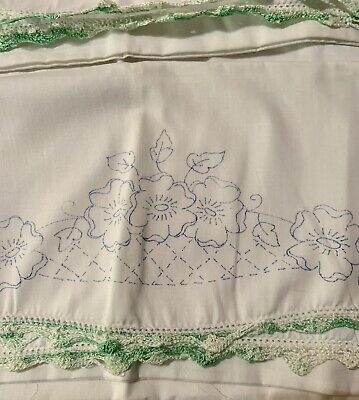 Nos Juego De 2 Fundas De Almohada Vintage Estampada Flores ~ Verde Crochet Trim • 8.54€