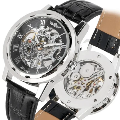 Winner Men's Watch Leather Strap Manual Mechanical Transparent Wristwatch Gifts - Image 1 of 4