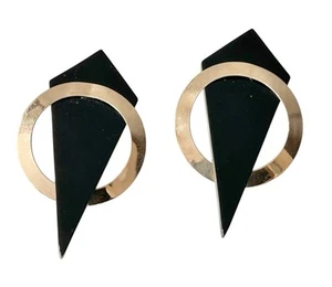 14 Kt Gelbgold schwarzer Onyx geometrischer Drachen Kreis Ohrringe durchbohrt Modernist - Bild 1 von 18