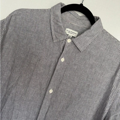 Club Monaco Men's XL Linen Blend Stripe Blue Short Sleeve Button Down Shirt - Image 1 of 4