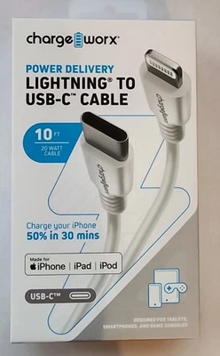 🔥🔥Lightning to USB-C Cable  ChargeWorx CX4630WH 10 Ft MFi-Certified - Image 1 of 4