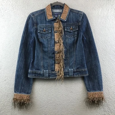 Chaqueta de mezclilla Bacini S estampado de leopardo ribete flecos occidental para mujer Foto 1 de 4