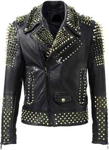 Handmade Men Golden Biker Brando Punk Biker Full Black Gold Studded Biker Leathe - Picture 1 of 3