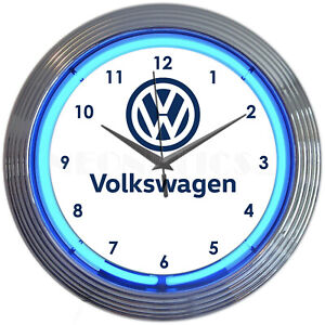 Volkswagen Classic Logo Blue Neon Hanging White Wall Clock 15" Diameter 8VWCLK