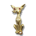 Pin à broche vintage ton or yeux rouges chat fausse perle