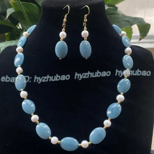 13x18mm Oval Blue Aquamarine Gems & White Pearl Hook Earrings + Necklace Set 18" - Picture 1 of 9