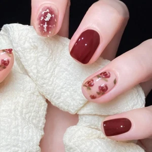French Artificial Square Full Cover False Nail Tips Foil Red Flower Fake Nails - Picture 1 of 5