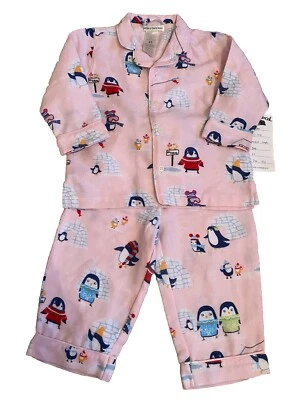 Pottery Barn Kids Winter Icy Igloo 粉色企鹅睡衣套装 尺寸 2T 全新带标签 法兰绒 — 第 1/4 张图片