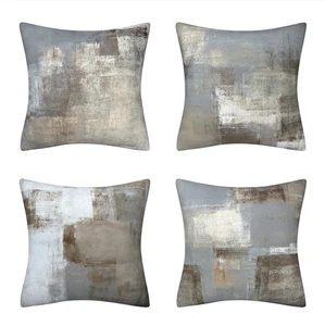 Set of 4 Taupe Tan Grey Throw Pillow Covers Abstract Oil Painting Cushion Case - Picture 1 of 8