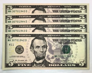 2013  FOUR  $5  DOLLARS  NOTES  UNCIRCULATED  FANCY  SERIALS  IN  SEQUENCE - Picture 1 of 5