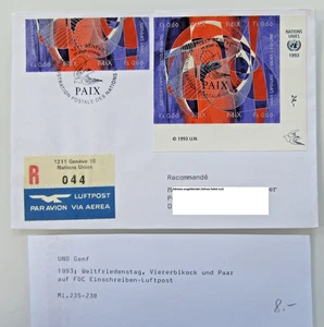 1993 UNO GENF United Nations Weltfrieden 4er-Block FDC Einschreiben Luftpost - Picture 1 of 3