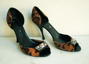 Celine Cow Hair Leather Shoes Size UK 6 EU 39 Leopard Print Crystals Brown - Picture 1 of 10
