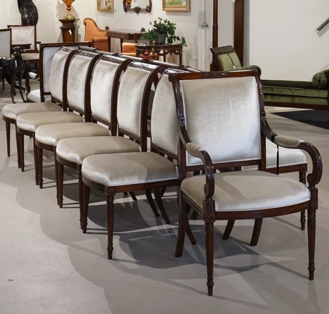 Set of 12 mahogany Regency dining chairs Traditional white upholstery Cover