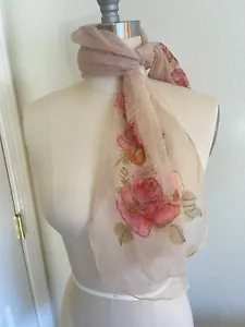 Antique Hand Rolled 100% Silk Scarf Pink Roses Dusty Rose Pinks and Beige - Picture 1 of 10