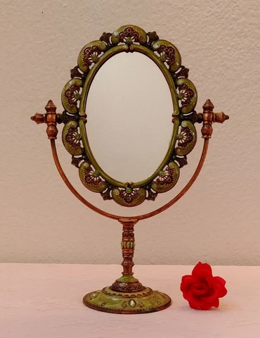 1960’s Ornate Brass Vanity Mirror w/ Inlaid Faux Peridot Gems; EXCELLENT TO MINT Cover