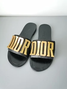 Christian Dior Revolution Black/Gold Logo Slides Sandals Size 35 - Picture 1 of 6
