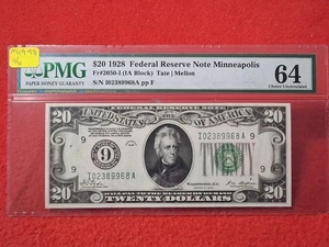 1928  $20 FEDERAL RESERVE NOTE Fr#2050-I PMG 64  CH/UNC  MINNEAPOLIS    #MF-4998 - Picture 1 of 2